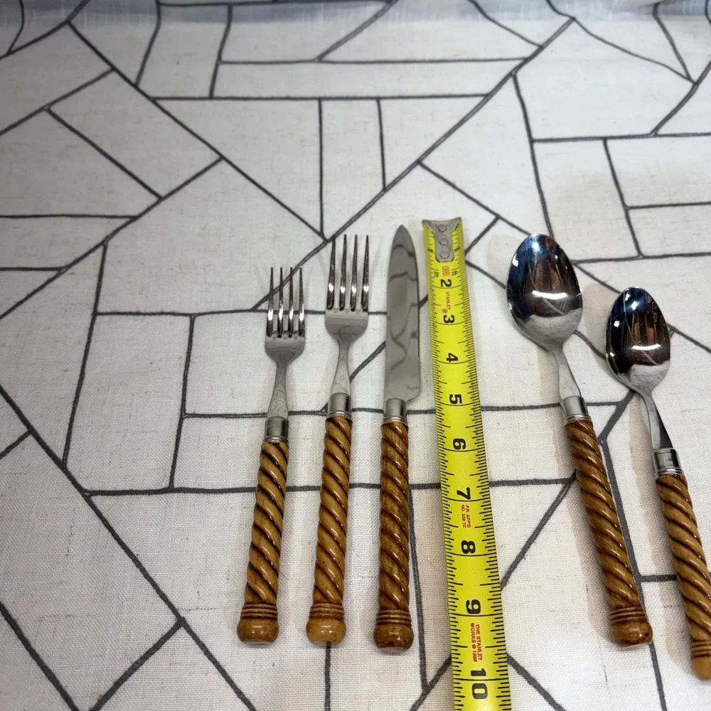 Flatware Set 20pc Brown Faux Wood Rope Twist Handle Stainless Service 4 no Brand